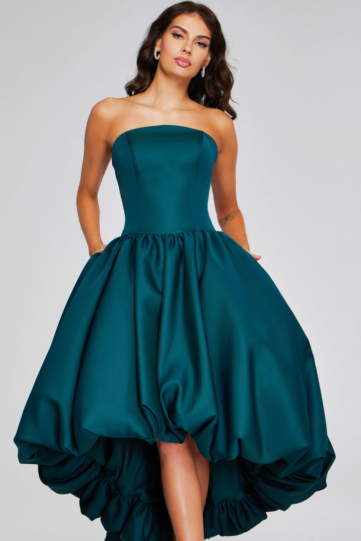 Jovani 42345 Mikado Satin Strapless High-Low Pleated Gown