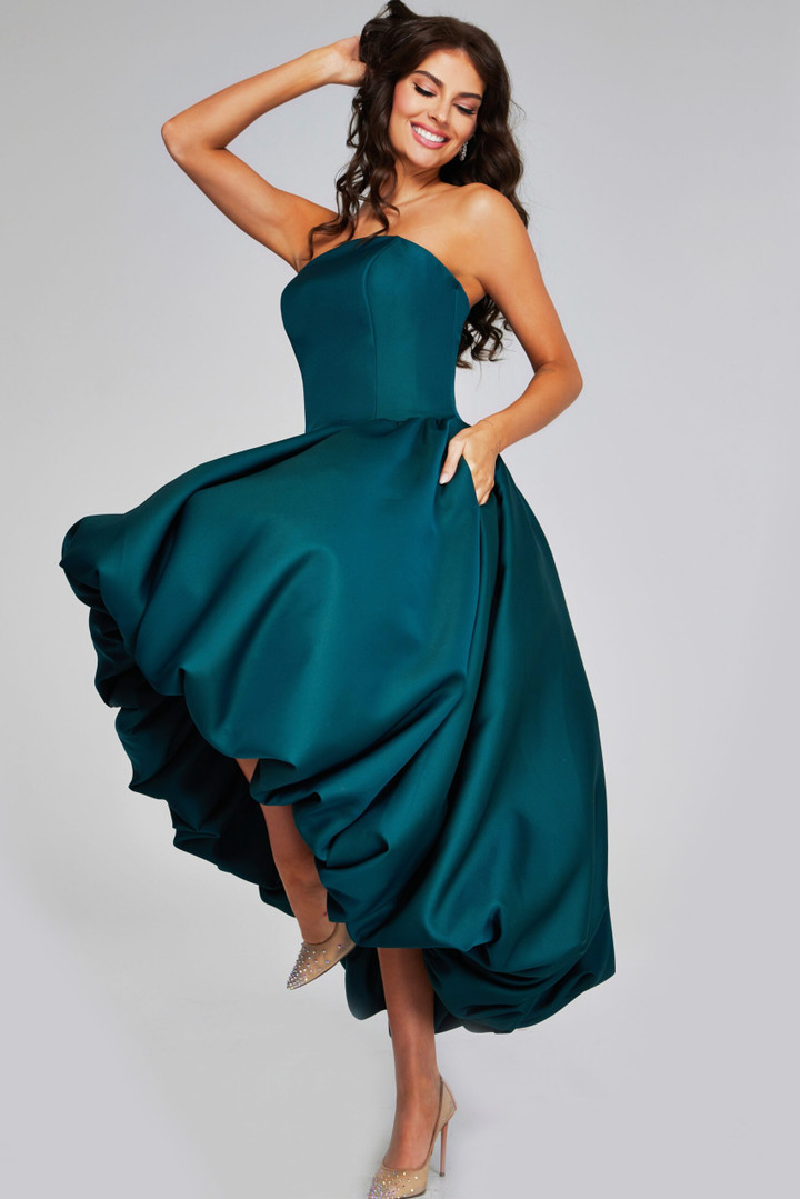 Jovani 42345 Mikado Satin Strapless High-Low Pleated Gown