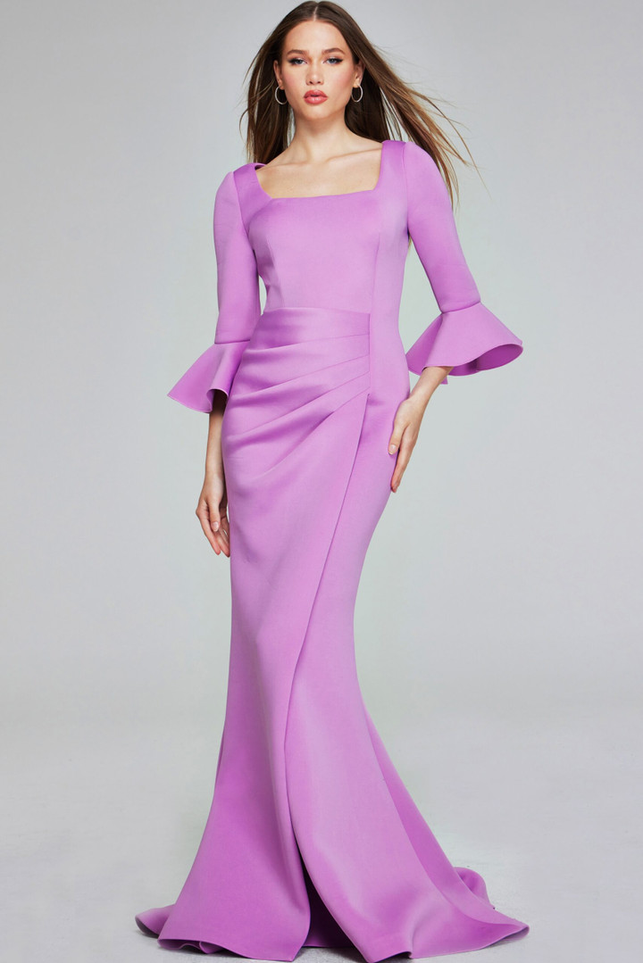 Jovani 42579 Crepe Satin Long Bell Sleeve Square Neck Gown