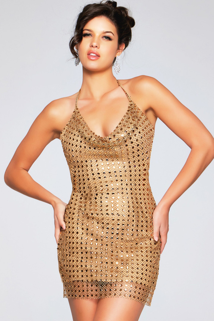 Jovani 39004 Sequin Halter V-Neck High Slit Short Dress