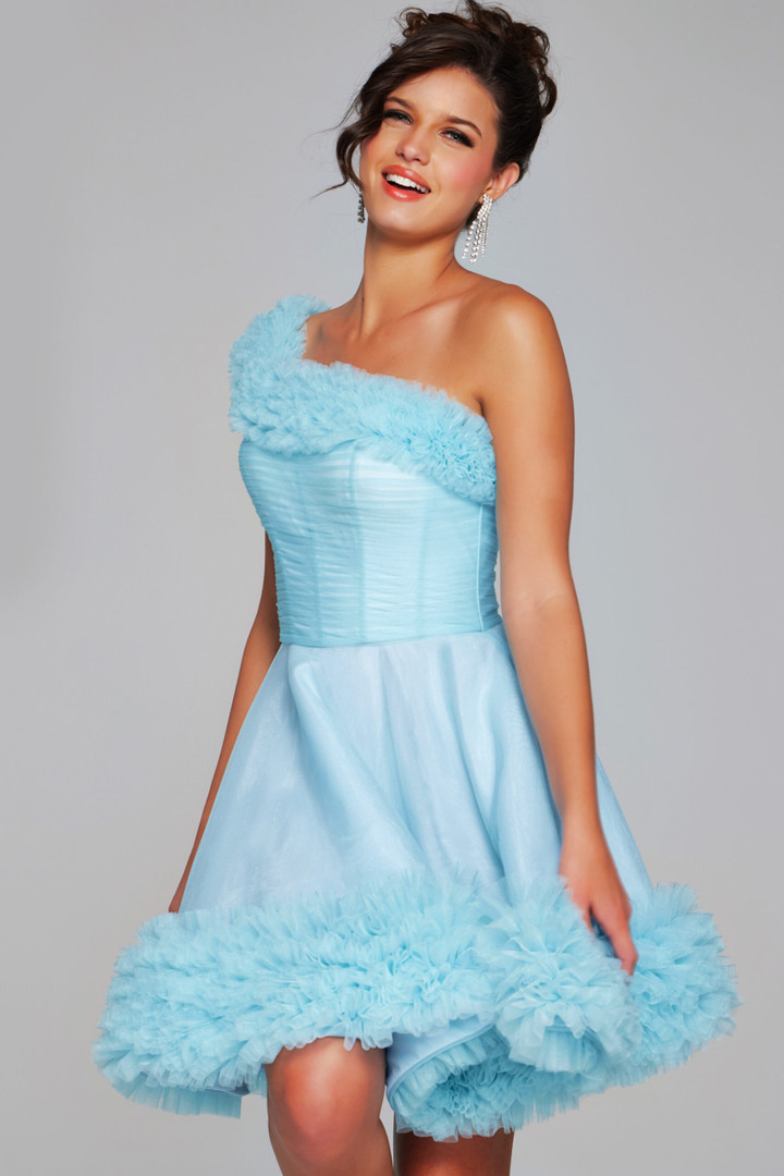 Jovani 39665 Tulle One Shoulder Sleeveless Short Dress