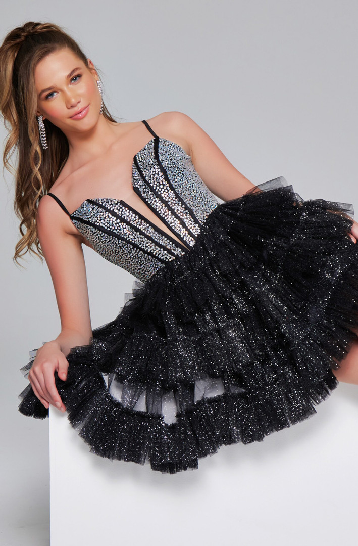 Jovani 42457 Sequin Tulle Tiered Sweetheart Neck Short Dress