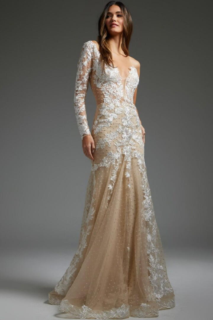 Jovani JB06650 Lace One Shoulder Long Sleeve Wedding Gown