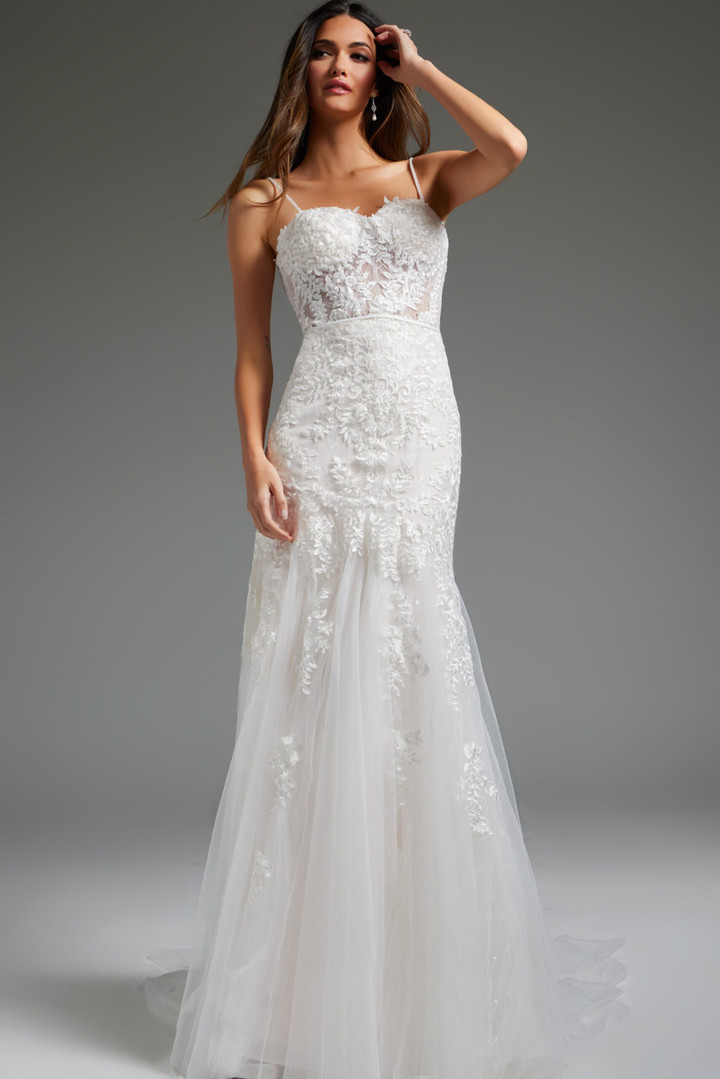 Jovani JB38490 Lace Tulle Jersey Strapless Wedding Dress