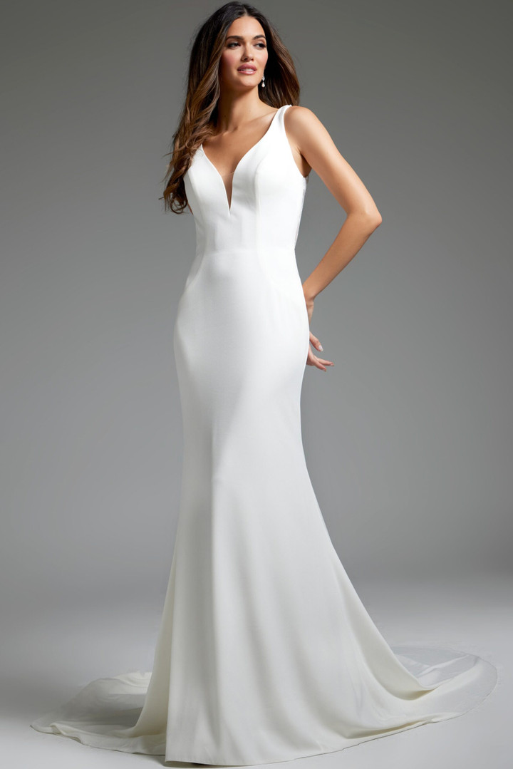 Jovani JB42222 Crepe Sheer V-Neck Sleeveless Wedding Dress
