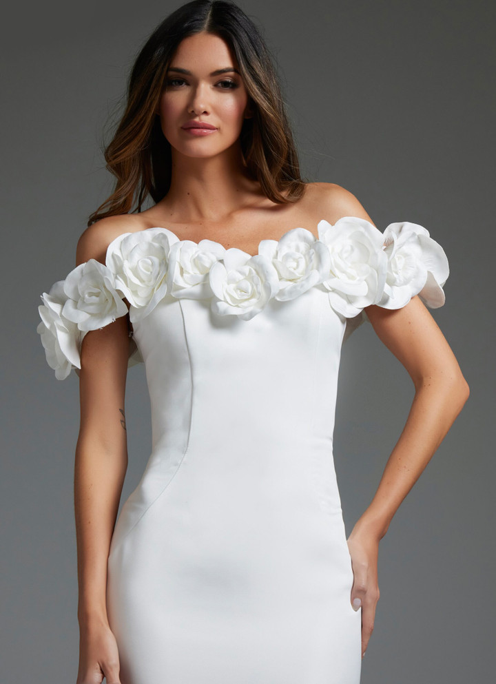 Jovani JB40594 Satin Rosette Off Shoulder Wedding Dress Jovani JB40594 Satin Rosette Off Shoulder Wedding Dress