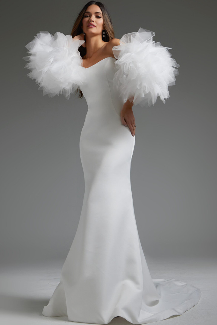 Jovani JB40601 Satin Strapless Puffy Sleeve Wedding Dress