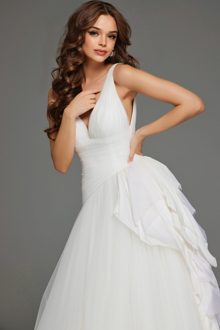 Jovani JB23241 Tulle Ruffles V-Neck A-line Wedding Dress