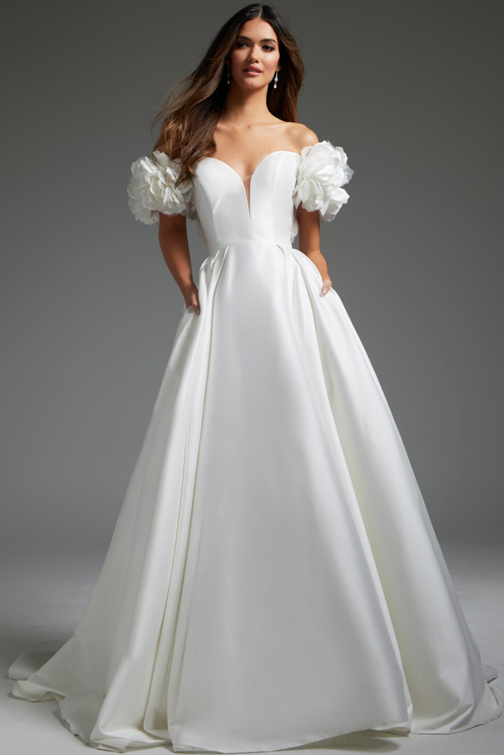 Jovani JB40795 Satin Off Shoulder V-Neck Wedding Dress