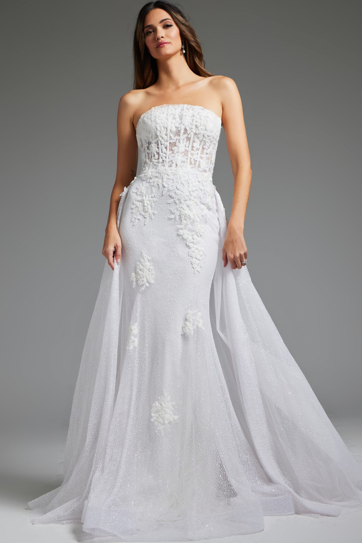 Jovani JB24560 Tulle Beaded Strapless Rosette Wedding Gown