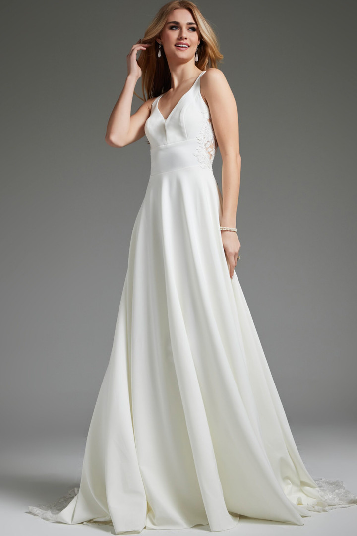 Jovani JB42294 Satin Sheer V-Neck Sleeveless Bridal Dress