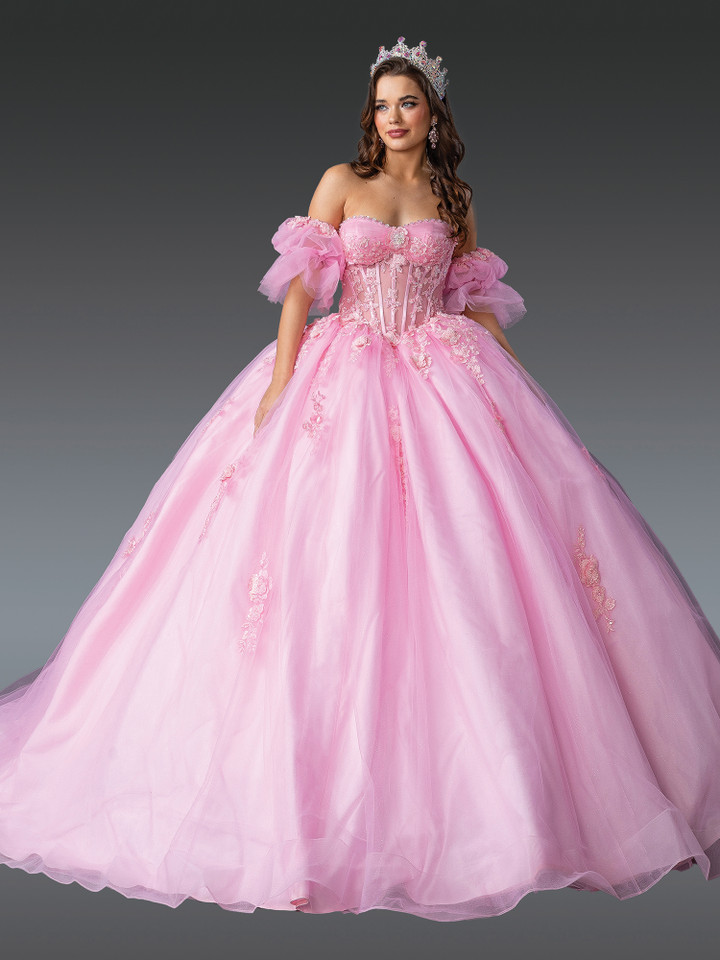 Dancing Queen 1988 Floral Puff Sleeves Strapless Ballgown