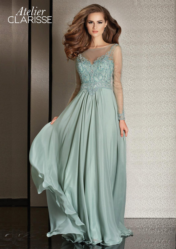Clarisse M6215 Chiffon Beaded Illusion Long Sleeves Dress