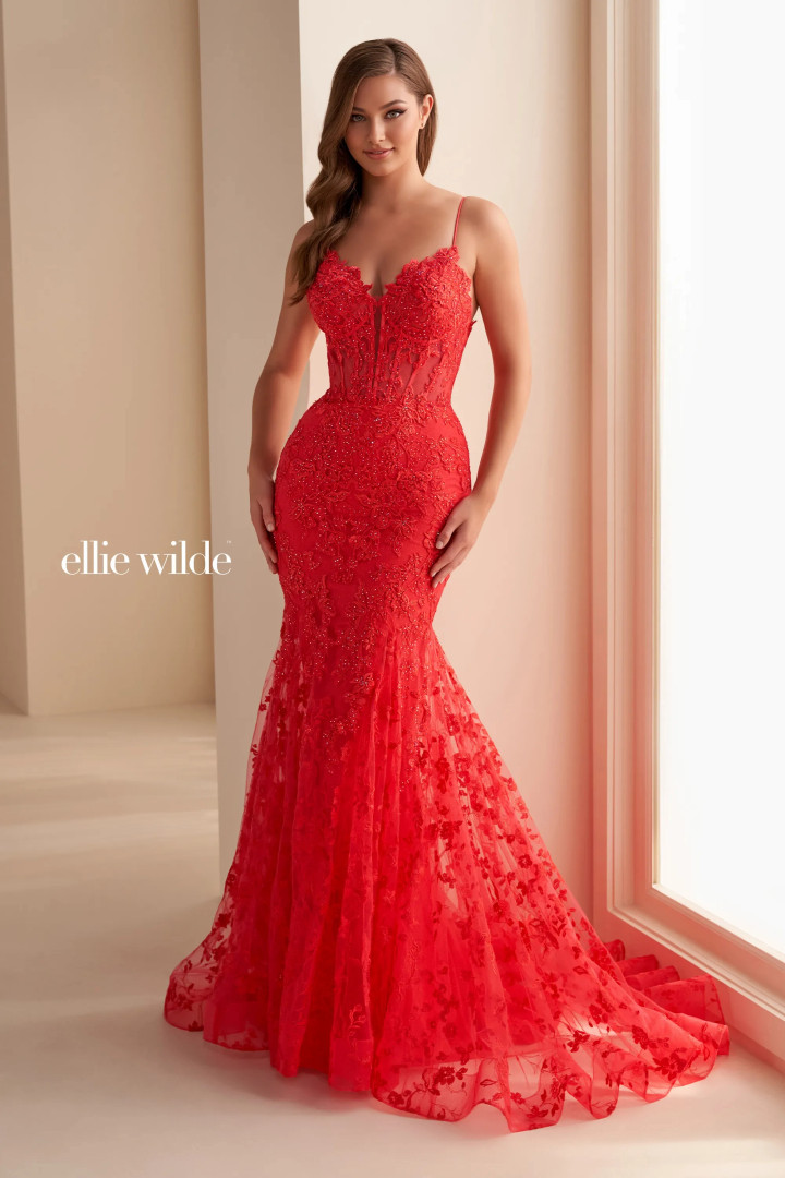 Ellie Wilde by Mon Cheri EW36008 Embroidered Mesh Dress