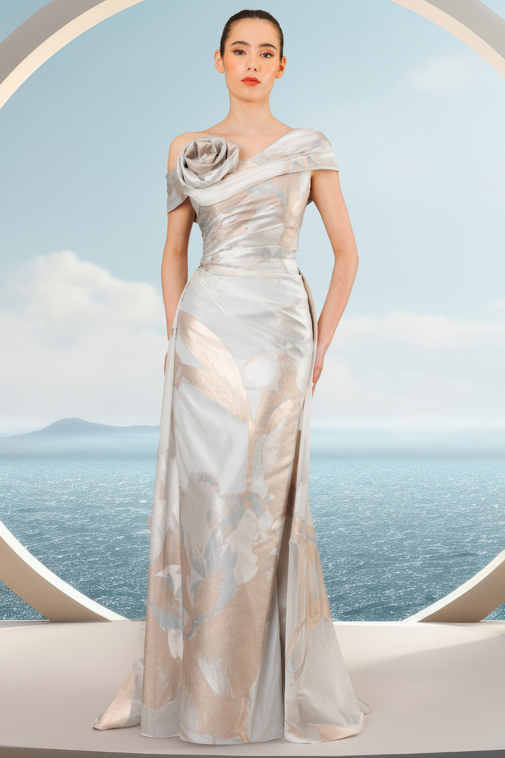 Janique 2515 Off-Shoulder Sleeve Asymmetric Neck Long Dress