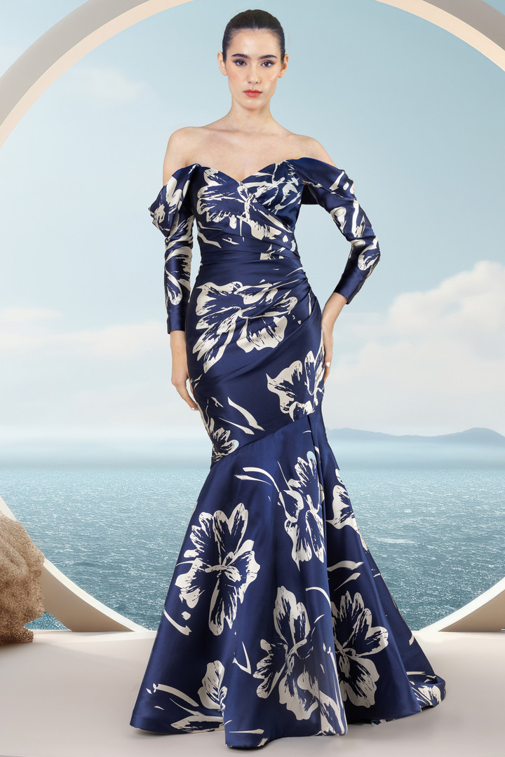 Janique 2601 Off-Shoulder Sleeve V-Neck Evening Long Dress