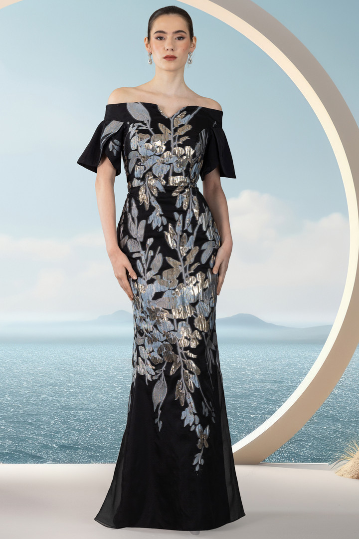 Janique 25941 Off Shoulder Sleeve V-neck Evening Dress