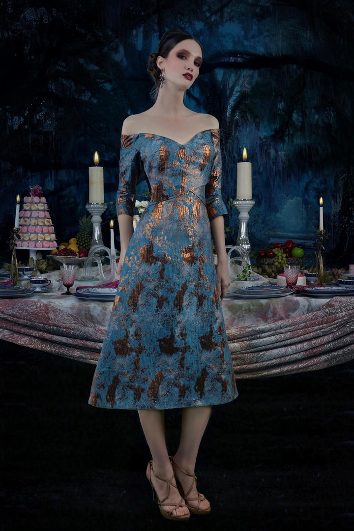 Janique 7621 Quarter-length Sleeves A-line Tea Length Dress