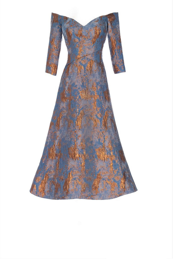 Janique 7621 Quarter-length Sleeves A-line Tea Length Dress