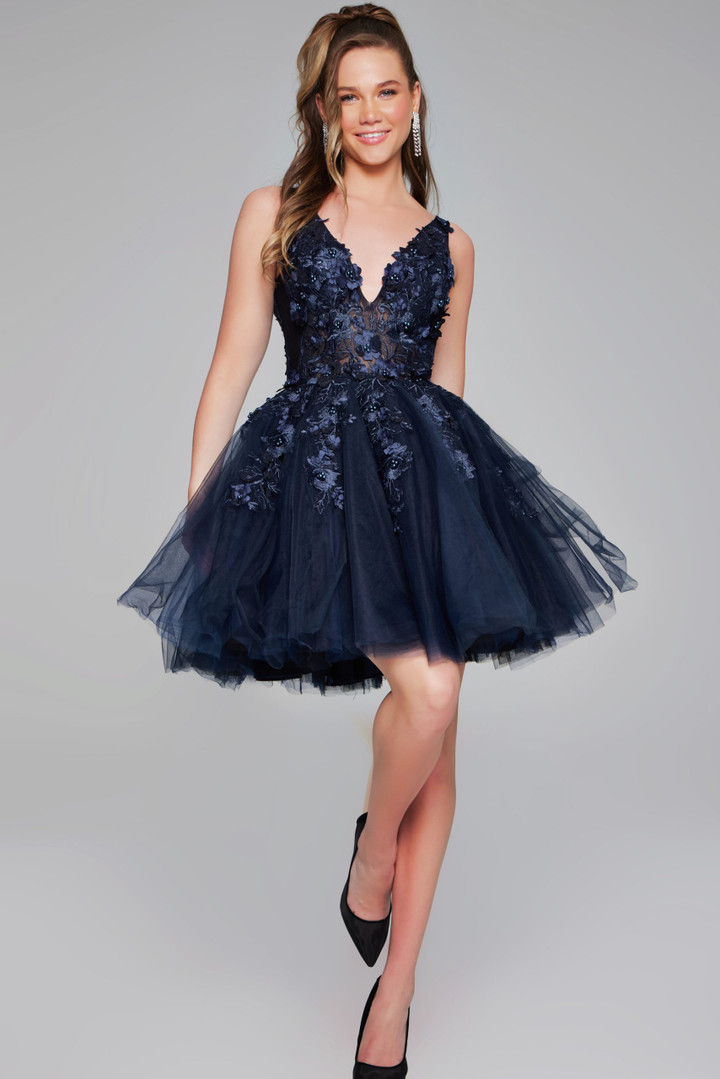 Jovani 63987 Floral Applique V-Neck Sheer Short Girls Dress