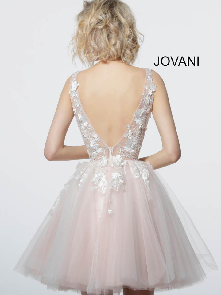 Jovani 63987 Floral Applique V-Neck Sheer Short Girls Dress