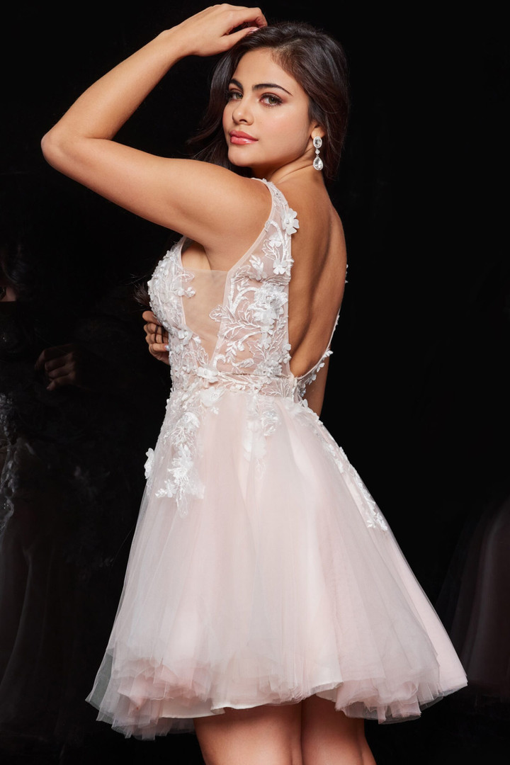 Jovani 63987 Floral Applique V-Neck Sheer Short Girls Dress