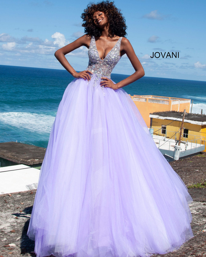 Jovani 65379 Crystal Embellished Bodice V-Neck Ballgown