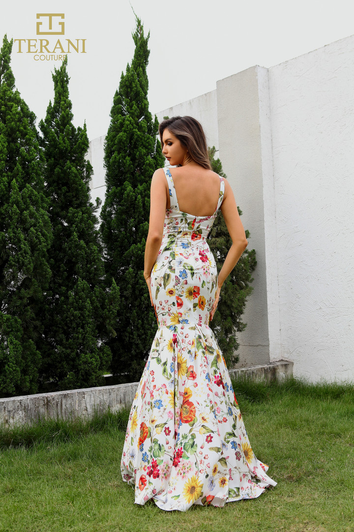 Terani Couture 251P4378 Printed Satin Scoop Neck Long Dress