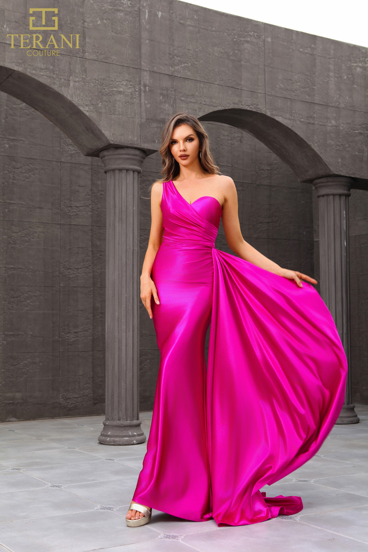 Terani Couture 251P4123 Jersey Satin Asymmetric Neck Dress