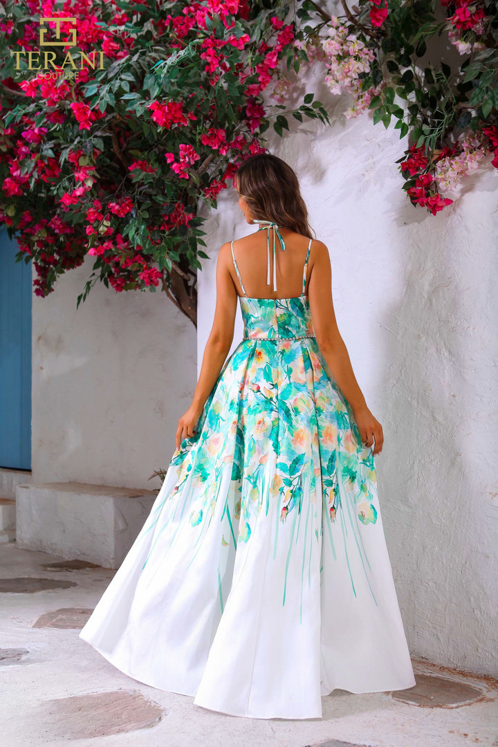 Terani Couture 251P4535 Satin Print Straight Neck Long Dress