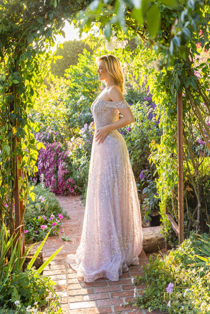 Terani Couture 251P4041 Beaded Tulle Off-Shoulder Long Dress