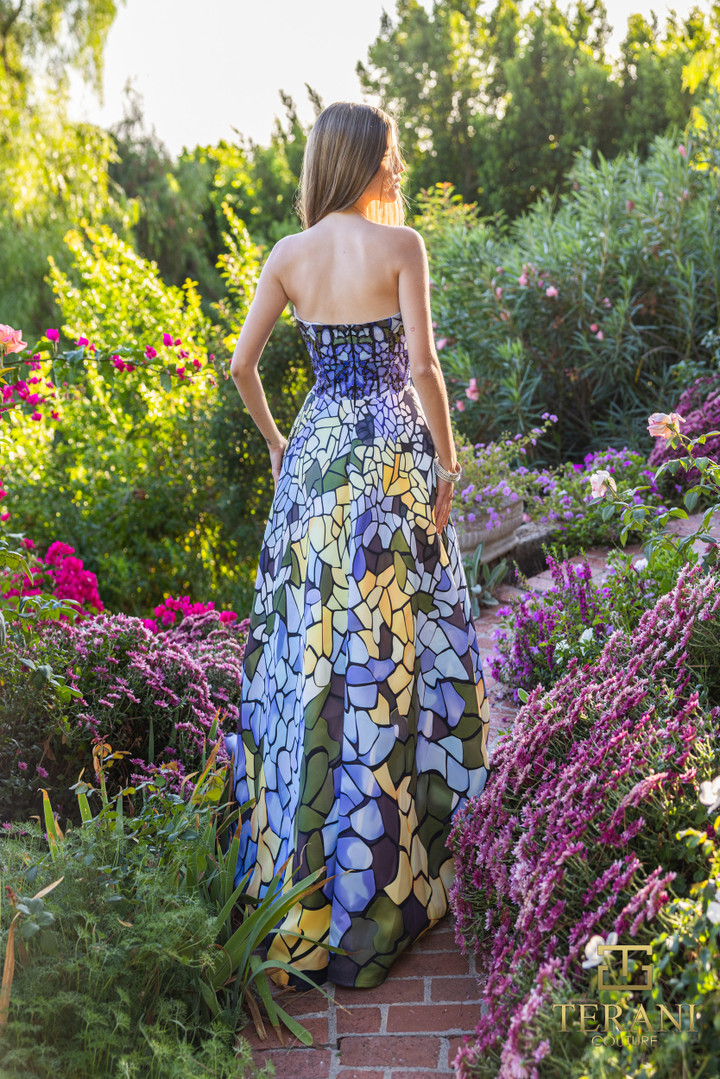 Terani Couture 251P4147 Printed Satin Strapless Ballgown