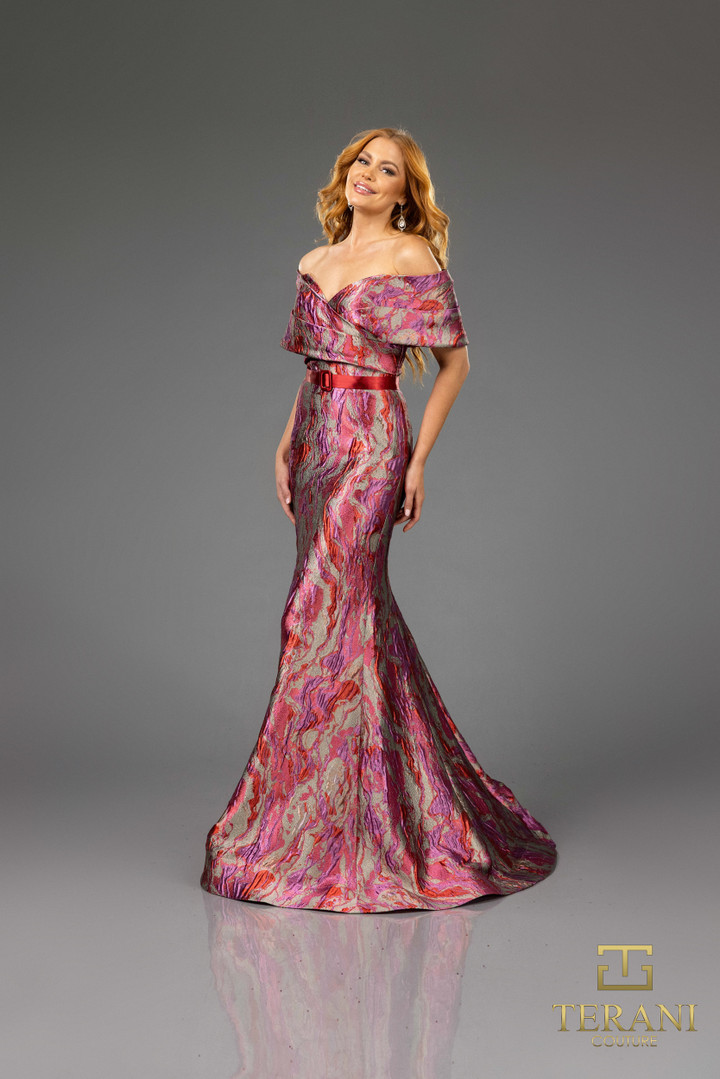 Terani Couture 251E4253 Lava Jacquard Off-shoulder Dress