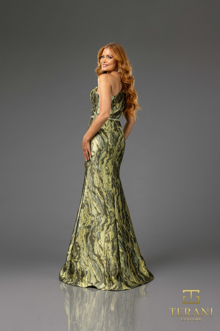 Terani Couture 251E4254 Lava Jacquard Asymmetric Neck Dress