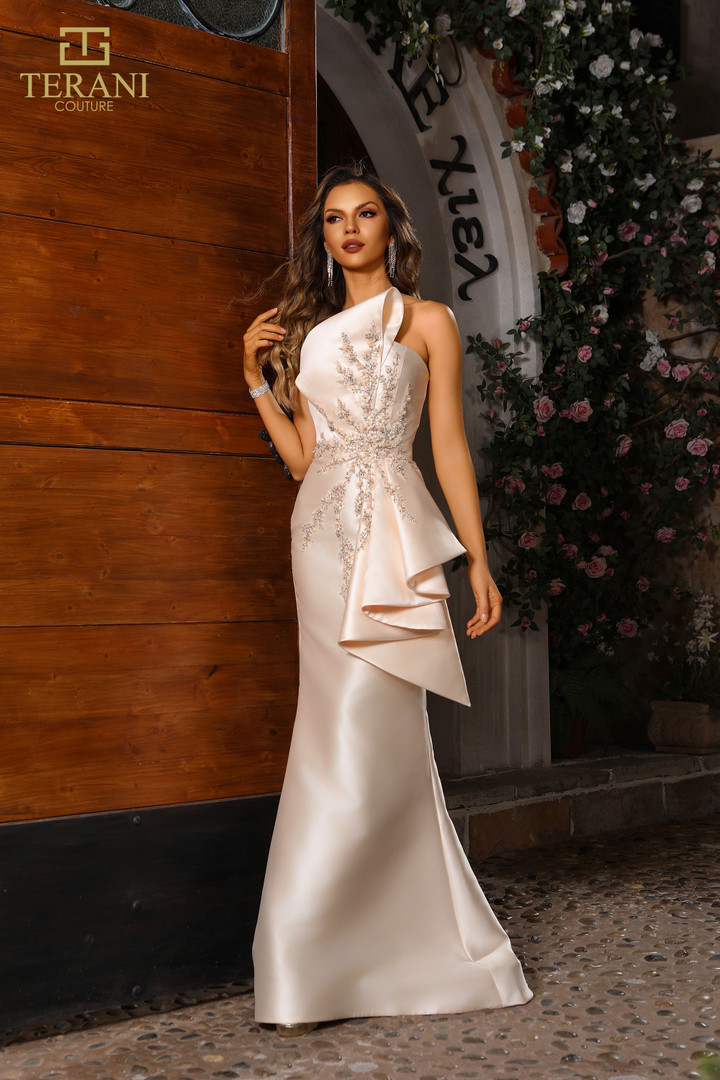 Terani Couture 251E4265 Mikado Asymmetric Neck Trumpet Dress