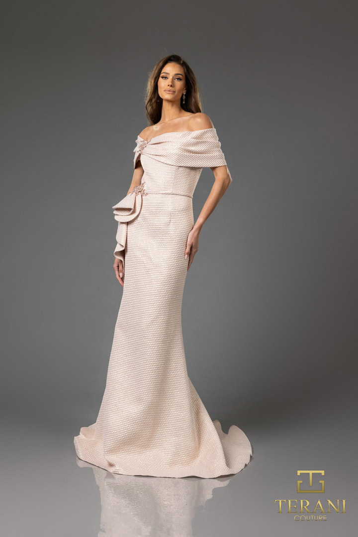 Terani Couture 251M4448 Metallic Jacquard Off Shoulder Dress