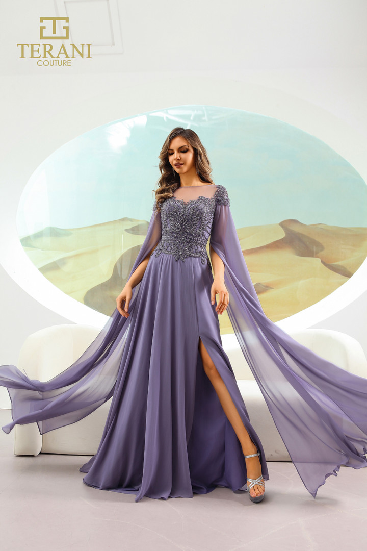 Terani Couture 251M4463 Chiffon Illusion Neck A-line Dress