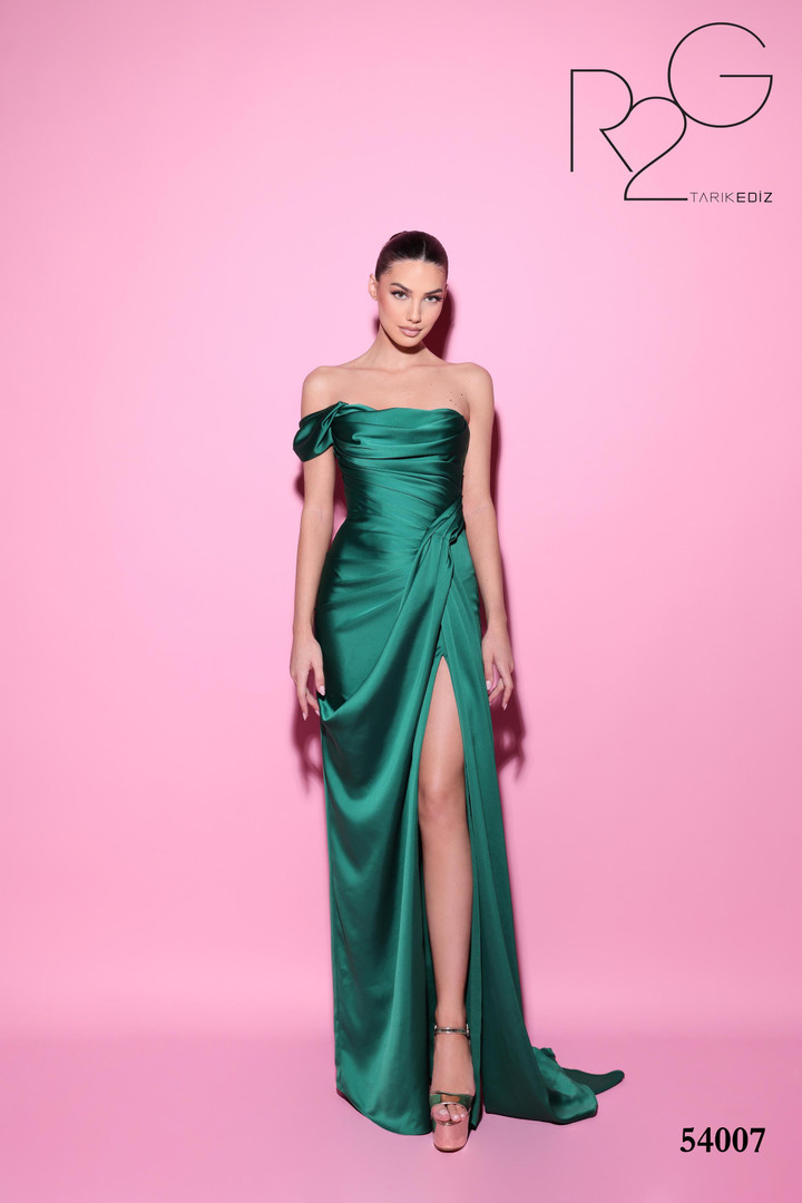 Tarik Ediz 54007 Satin Off the Shoulder Ruched Long Dress