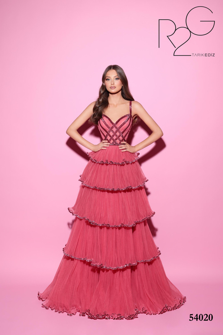 Tarik Ediz 54020 Tulle V-Neck Sleeveless Ruffle Long Dress