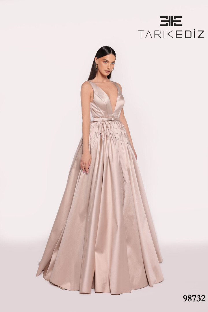 Tarik Ediz 98732 Taffeta Deep V-neck Sleeveless Long Dress