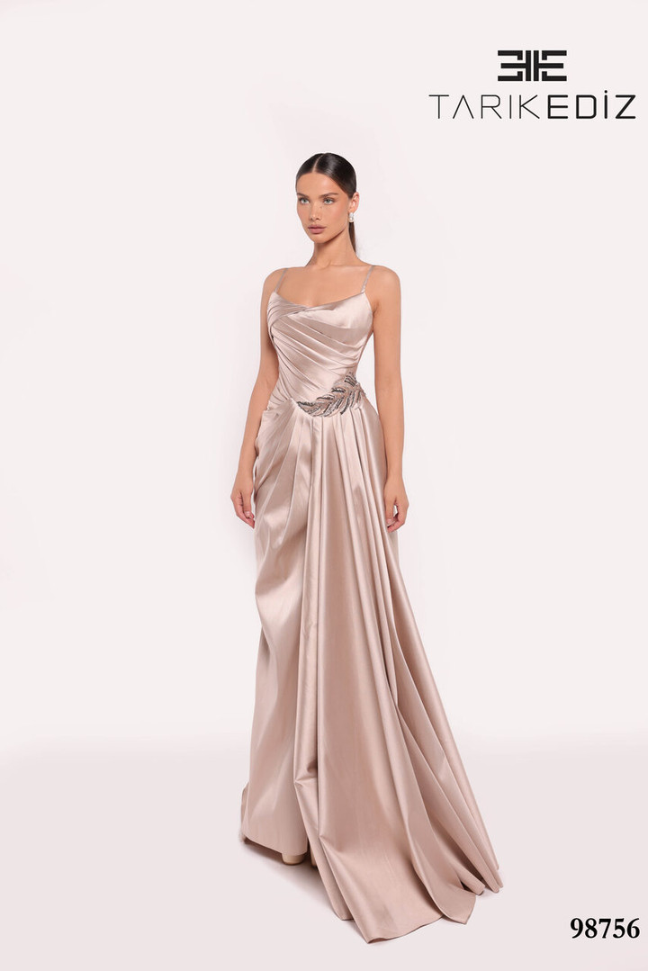 Tarik Ediz 98756 Taffeta Scoop Neck Straps Sleeve Long Dress
