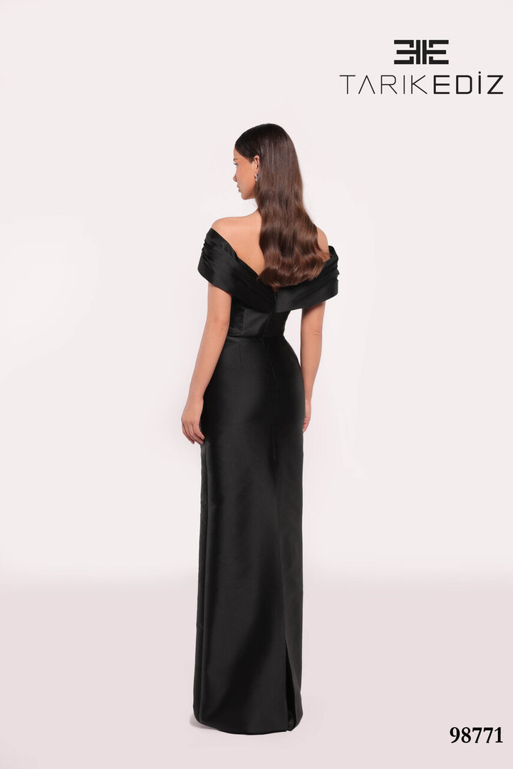 Tarik Ediz 98771 Taffeta Off-Shoulder Sleeves Fitted Dress