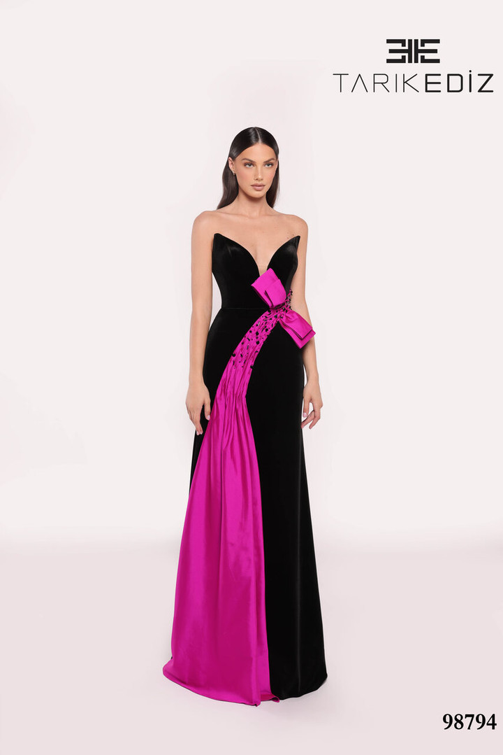 Tarik Ediz 98794 Velvet V-Neck Strapless Fitted Long Dress