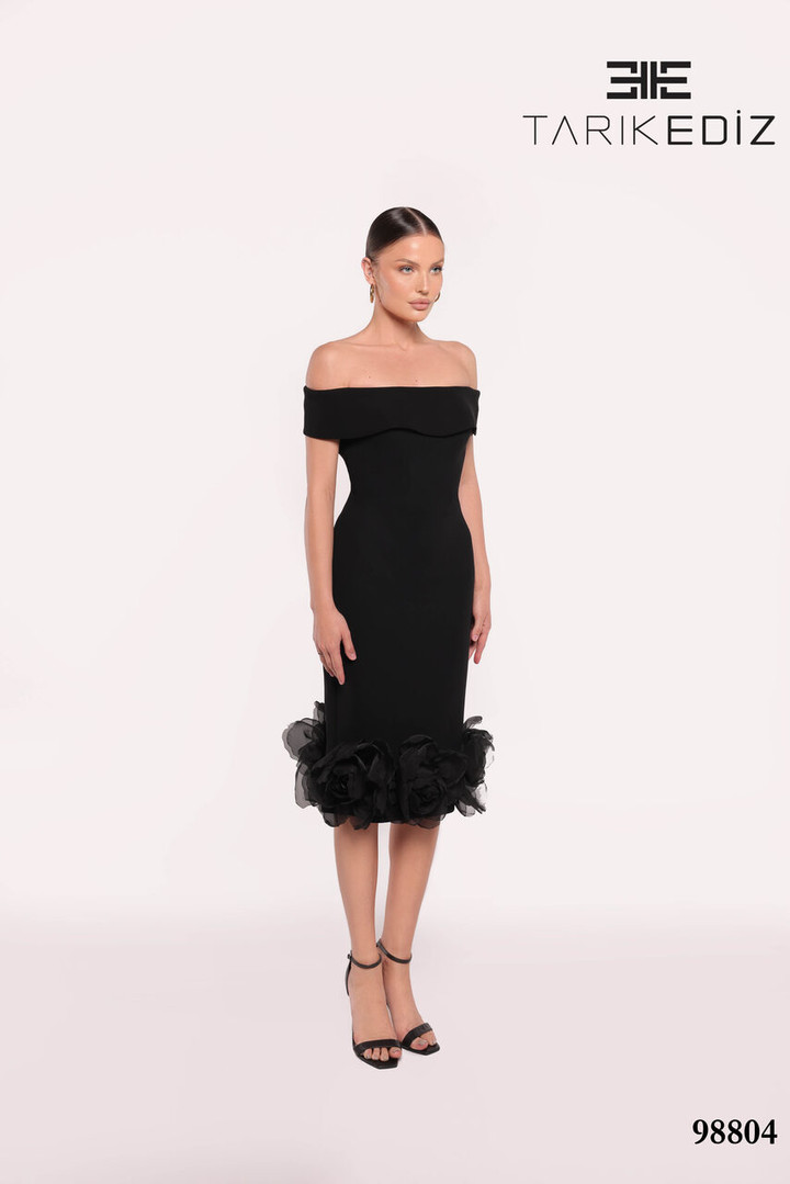 Tarik Ediz 98804 Crepe Straight Neck Off Shoulder Long Dress