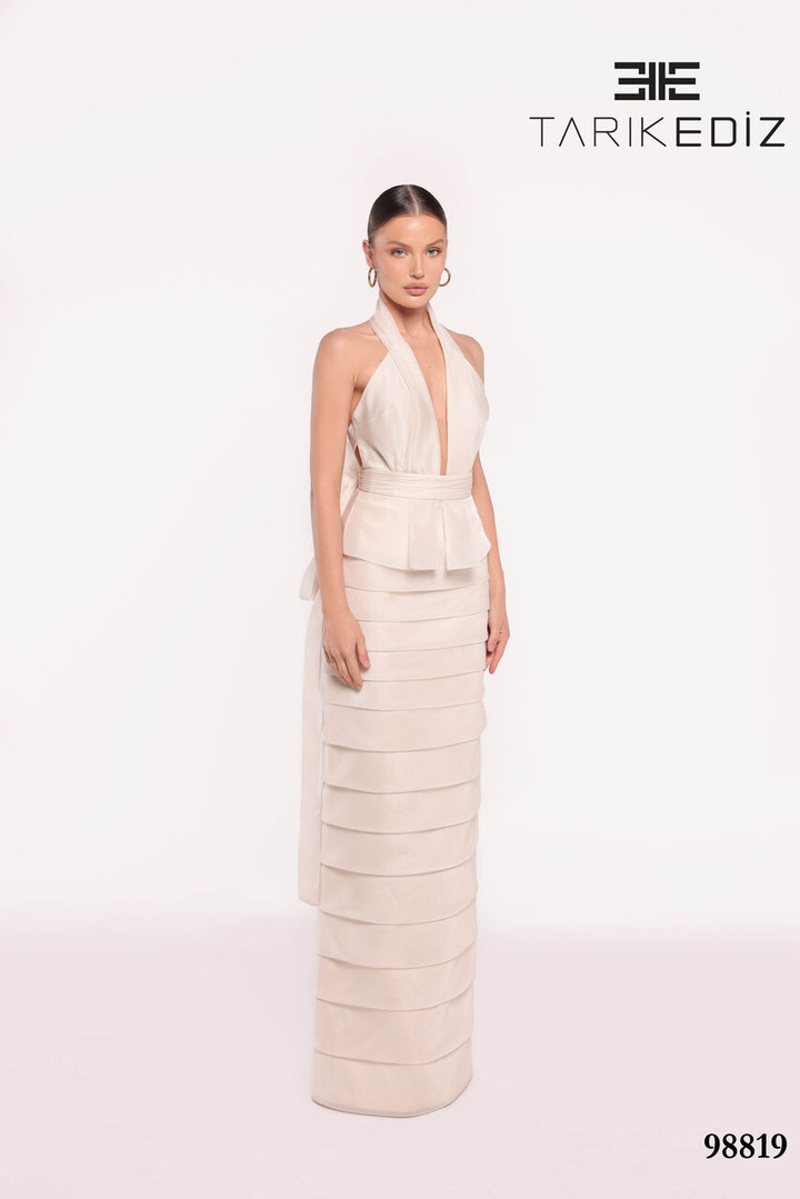 Tarik Ediz 98819 Taffeta Plunging Neck Sleeveless Long Dress