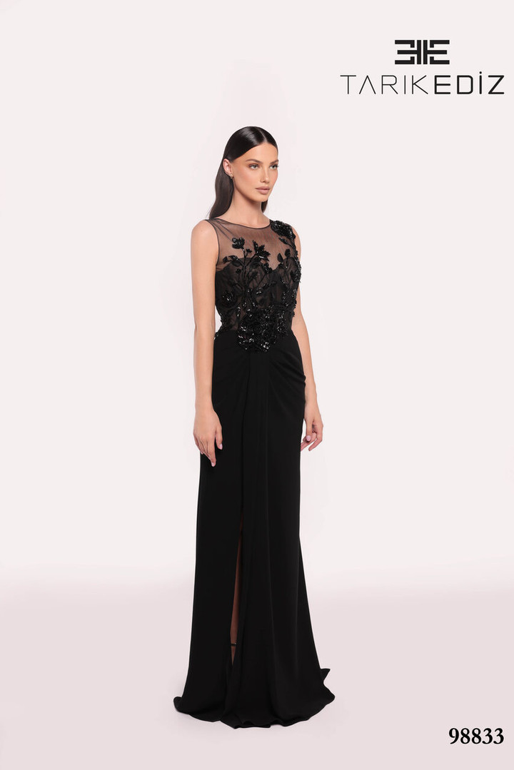 Tarik Ediz 98833 Crepe Illusion Neck Sleeveless Long Dress
