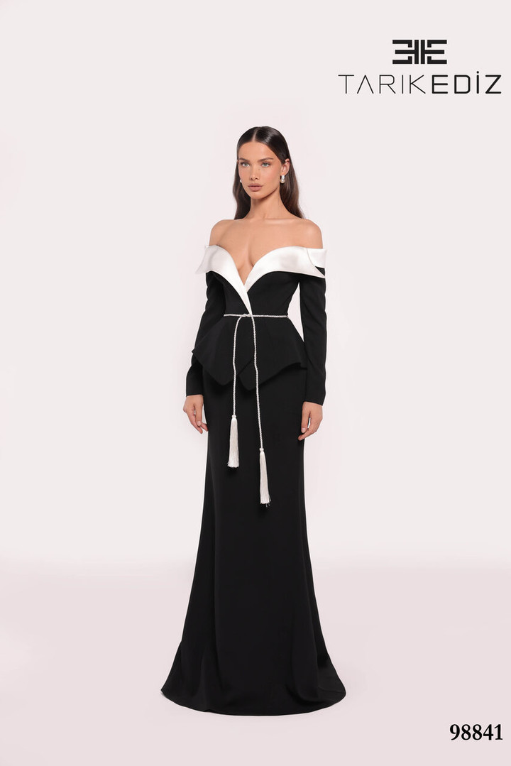 Tarik Ediz 98841 Crepe Off Shoulder Long Sleeve Fitted Dress