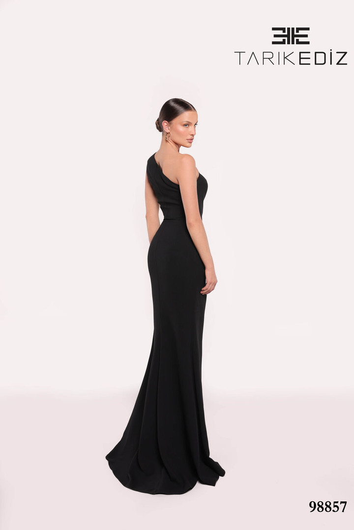 Tarik Ediz 98857 Crepe Asymmetric Neck Sleeveless Long Dress