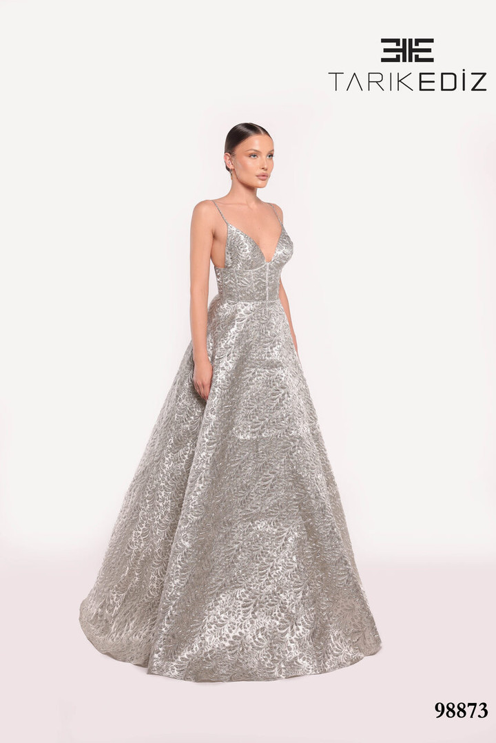 Tarik Ediz 98873 Jacquard V-Neck Straps Sleeves Long Dress