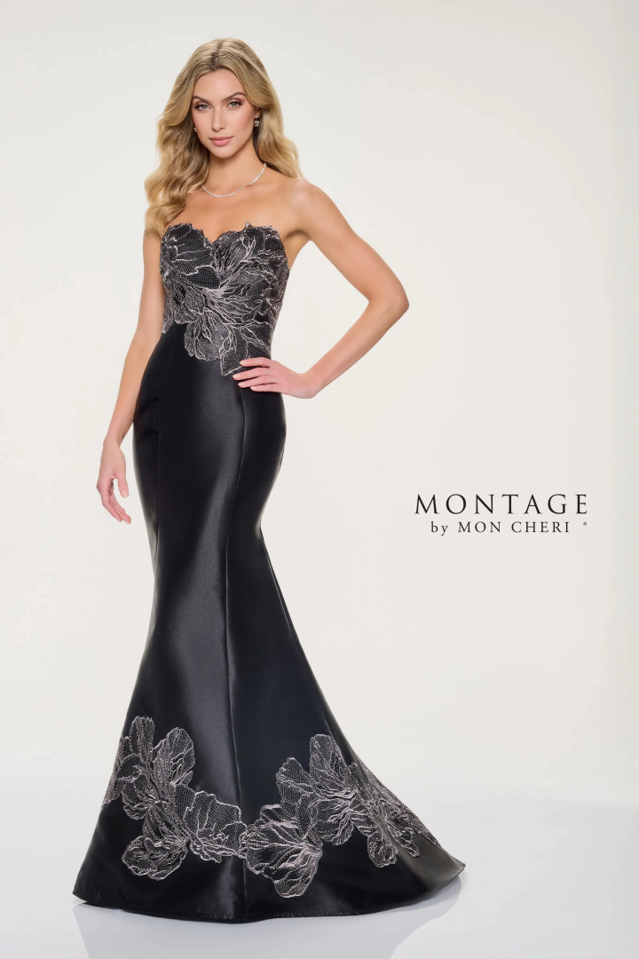 Montage by Mon Cheri M841 Mikado Stone Strapless Long Dress